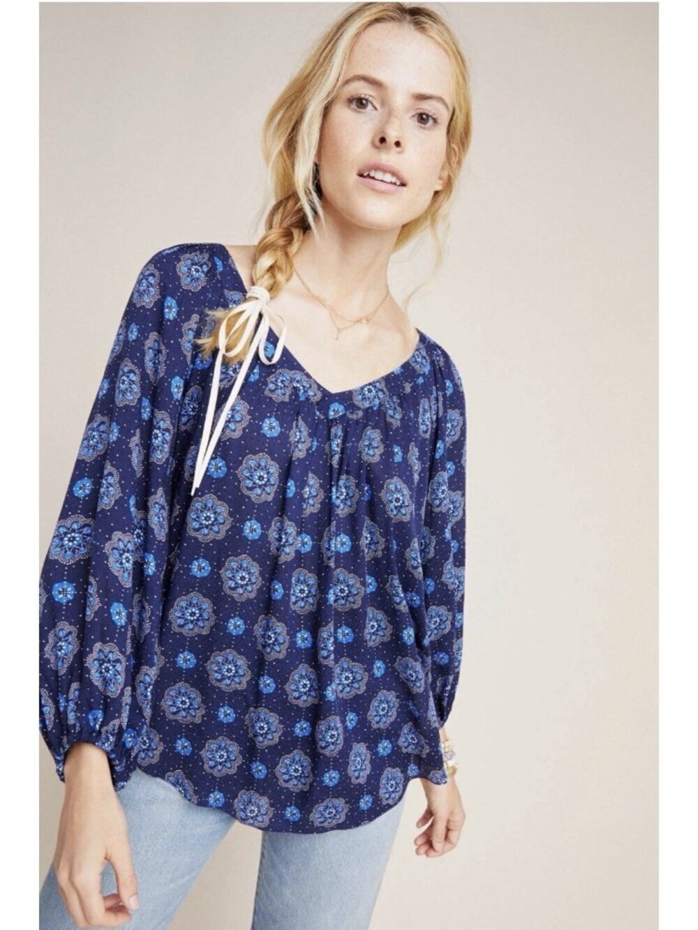 Anthropologie Maeve Boswell Navy 3/4 Sleeve Blue Blouse Size 4